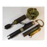 A British army web belt, a brass kit shackle, an e