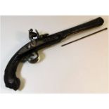 A 19thC. flintlock pistol, probably Turkish, inlaid with white metal 18in long a/f