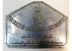 A DCLI duty bed plate G. Bardell 5433801. Provenan