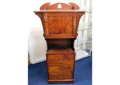 An art nouveau walnut cabinet with drawers & music cupboard over 55in high x 27.5in wide x 14in deep