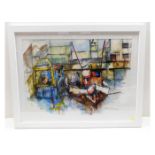 A framed, signed charcoal & watercolour "Boats On