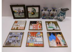 Six hand painted Russian tiles, two Dutch tiles, two Chinese porcelain vases & a English porcelain j