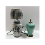 Two large, decorative modern table lamps, one with