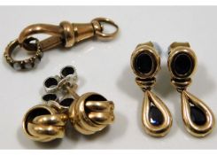 A pair of 9ct gold sapphire earrings twinned with