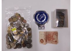 A quantity of mixed coinage, a motoring badge & ot