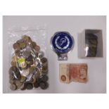 A quantity of mixed coinage, a motoring badge & ot