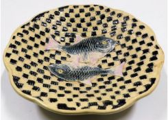 A c.1900 Majolica bowl with relief decor & fish de