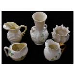 Five pieces of Belleek porcelain, tallest 6in