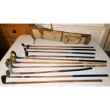 Ten hickory golf clubs including woods with case