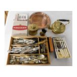 A copper tray, brass caddy, mixed flatware & other