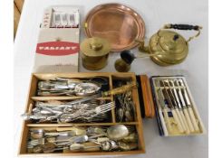 A copper tray, brass caddy, mixed flatware & other