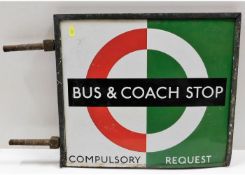 A two piece enamel bus & coach stop sign, mounted