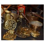 Large quantity of brass including preserve pans, trivets, companion sets, chestnut roasters etc