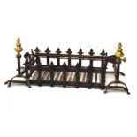 Wrought iron fire grate with pair of brass finialed dogs, and a pair of tongs, the grate measuring