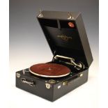 Columbia 109A portable gramophone in black case with retailer mark for Wallis Harris Ltd of