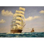 Fray (modern) - Oil on board - Tall-masted sailing ship on rough seas, signed lower left, 49.5cm x