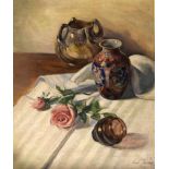 Harald Sandberg (1912-1983) - Oil on canvas - Still-life with Japanese Imari vase, roses etc, signed