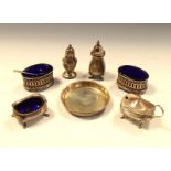 Collection of silver items to include; a three piece George V silver condiment set, Birmingham 1924,