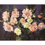 John Codner - Oil on canvas - Still-life with vase of pink roses, signed lower left, 39cm x 49.