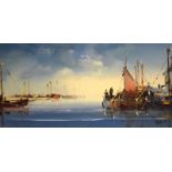 Jorge Aguilar - Oil on canvas - 'Evening Anchorage', 39.5cm x 78.5cm, in a gilt frame