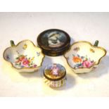 Pair of Meissen-style porcelain leaf dishes, 10.5cm wide, together with a German porcelain pill or