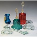 Two Nailsea-type glass bells, two novelty glass top hats, pair of glass drumsticks, and blue trailed