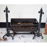 Wrought iron fire basket with pair of dogs, the basket 58cm wide x 33cm deep