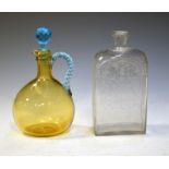 19th Century amber glass decanter bottle with turquoise rope-twist strap handle and faceted