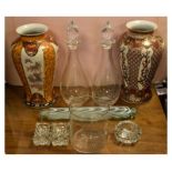 Nailsea type glass rolling pin, pair of glass decanters, pair of Oriental ceramic vases etc