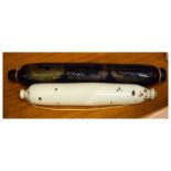 19th Century 'Bristol' blue glass rolling pin printed with a verse 'Forget-me-not', 38.5cm wide,