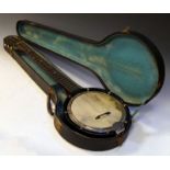 Six string banjo stamped Savana, cased