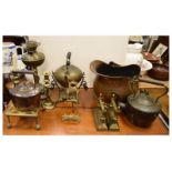 Quantity of brass and copper ware including oil lamp, spirit kettle, coal bucket, warming pan etc