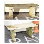 Composite stone bench, 115cm wide and a similar larger bench/table on monopodia supports, 125cm wide