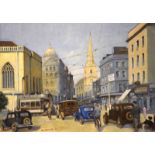 Tom Hallifax - Oil on board - High Street, Bristol with St Nicholas Church, 23cm x 35cm, unframed