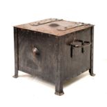 Early 20th Century Arts & Crafts style patinated coal box having hinged cover and large strapwork