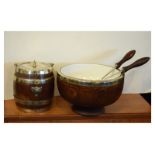 Early 20th Century coopered oak biscuit barrel with plated mounts, together with a similar salad