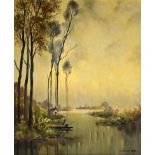 Langotiere (20th Century) - Oil on canvas - River scene with figure in a punt, signed lower right,