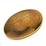 Late Victorian oval brass snuff box, the hinged cover stamped Edward Champ 1897 Nailsea Nr. Bristol,