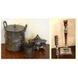 WITHDRAWN - Tudric pewter cup stamped 0358, pewter ice-bucket, Danish classical design candlestick,