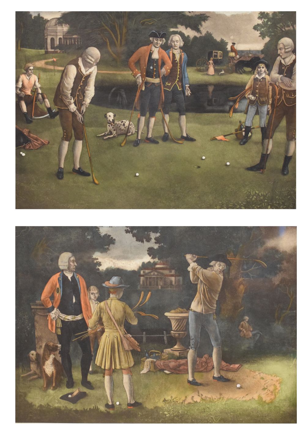 Lawrence Josset - Pair of coloured golfing prints 'The Practice Shot' and 'The Last Green', 31cm x
