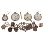 Selection of silver and other open-faced pocket watches, together with a vesta case, locket,