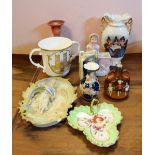 Small selection of cabinet china to include Royal Bayreuth miniature vase, two figural spill