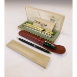 Sheaffer fountain pen with 18k yellow metal nib, together with two rollerballs, Cross ball pen