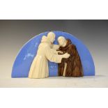 Della Robia style Italian pottery semi-circular relief moulded plaque depicting two religious