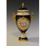 Coalport urn shaped vase and cover having hand painted panel of flowers within a gilt cartouche,