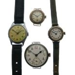 Four assorted early 20th Century wristwatches comprising: large-size trench style watch with white