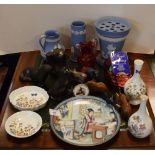 Assorted ceramics and glass to include; Wedgwood blue jasperware, cranberry glass, etc