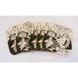 Twelve unused card beer mats or coasters with political caricature, entitled verso 'Thoughts of