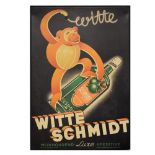 Advertising - Printed metal shop display for Witte Schmidt, a Belgian aperitif depicting a monkey