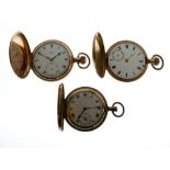 Three gold-plated full hunter-cased pocket watches, each with white Roman dial, one inscribed